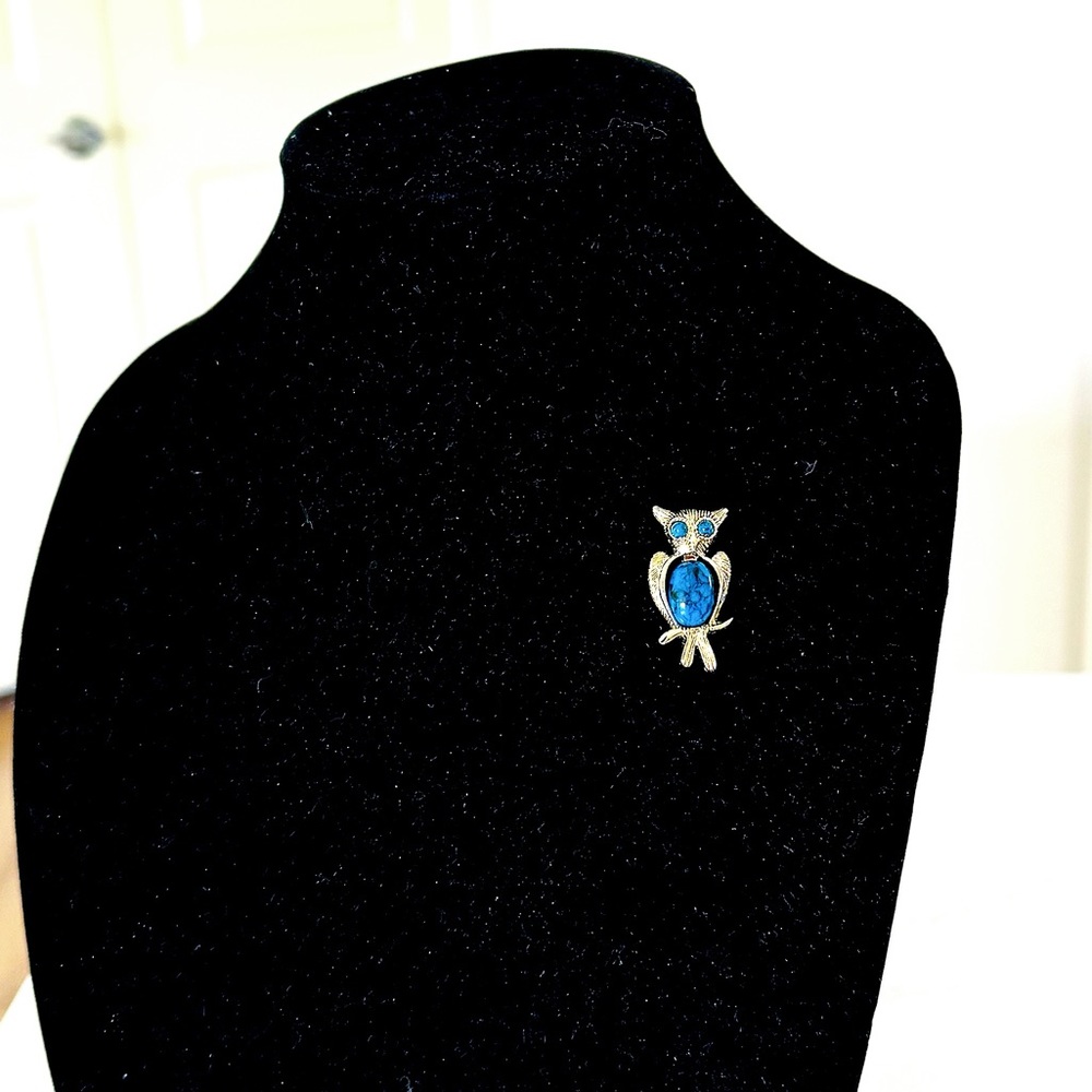 Gold-tone Vintage Owl Brooch Faux Turquoise - Picture 3 of 7